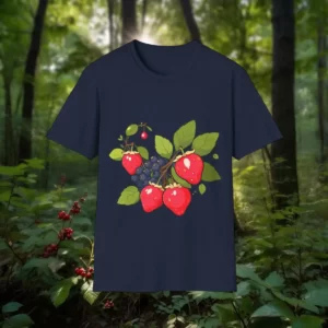 T-shirt with a design of strawberries, blueberries, and green leaves, displayed in a forest setting.