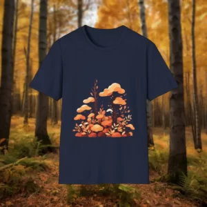 A t-shirt featuring an autumn-themed design with stylized mushrooms and foliage, displayed against a forest background with fall colors.