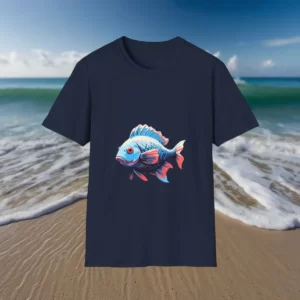 T-shirt with a vibrant fish design in front of an ocean wave background