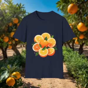 T-shirt with a vibrant design of oranges, orange slices, and green leaves, displayed in an orange grove setting.