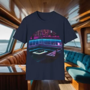 Navy t-shirt with a vibrant design of an intimate rooftop lounge featuring a corner seating arrangement, a glowing centerpiece table, and neon lighting accents against a backdrop of city skyscrapers at night.