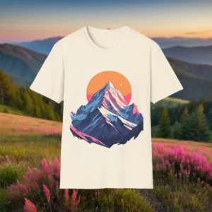 Light-colored T-shirt with a vibrant mountain peak design against a sunset backdrop, displayed in a scenic field with mountains and flowers.