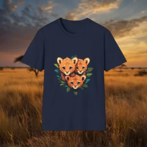 T-shirt featuring a design of three adorable lion cubs surrounded by green leaves, displayed against a golden safari landscape.