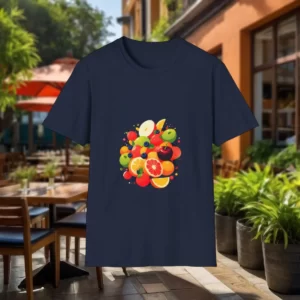 Unisex softstyle t-shirt featuring a colorful fruit assortment design, displayed in an outdoor café setting with greenery and vibrant décor.