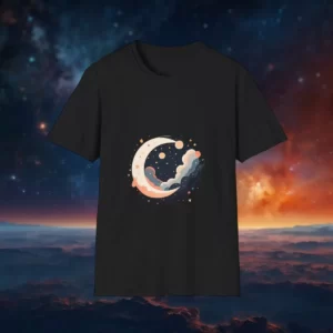 A T-shirt featuring a celestial design with a crescent moon, planets, stars, and clouds in a cosmic theme.