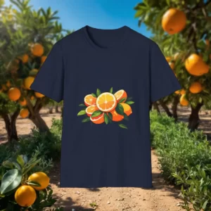 Dark-colored T-shirt featuring a design of oranges, orange slices, and green leaves, displayed in an orange grove setting.