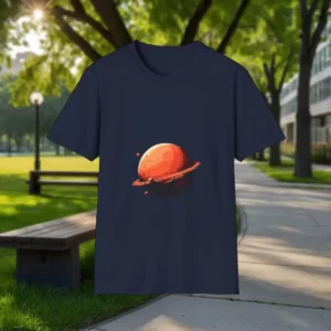 Unisex softstyle t-shirt featuring a Mars-inspired design with a red planet and its rings, displayed outdoors in a park with a bench, trees, and a walkway in the background.