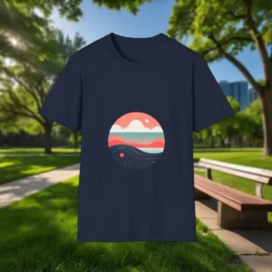 Unisex softstyle t-shirt featuring a minimalist horizon design with pastel-colored waves, clouds, and celestial elements, displayed outdoors in a park with benches, trees, and a walkway in the background.