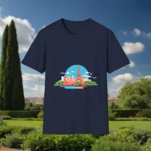 A t-shirt featuring an illustration of iconic Paris landmarks including the Eiffel Tower, surrounded by clouds and greenery.