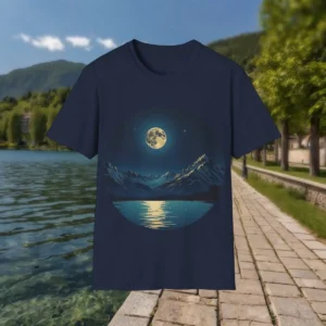 Navy blue t-shirt with a full moon, mountains, and lake reflection graphic