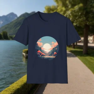 Navy blue t-shirt with an illustrated sunrise valley design