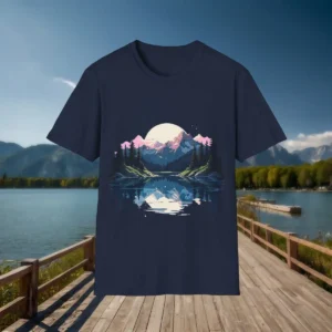 Navy blue t-shirt with a pink sunset mountain and lake reflection graphic