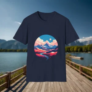 Navy blue t-shirt with a colorful mountain range and river artwork