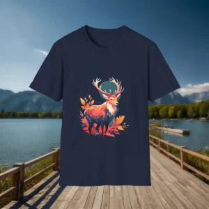 Navy t-shirt with a graphic of a mythical stag and autumn leaves