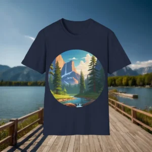 Navy t-shirt featuring a circular graphic of a national park landscape with trees, mountains, and a river