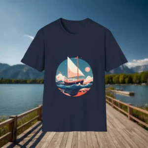 Navy t-shirt with a vibrant illustration of a sailboat on waves and a sunlit sky