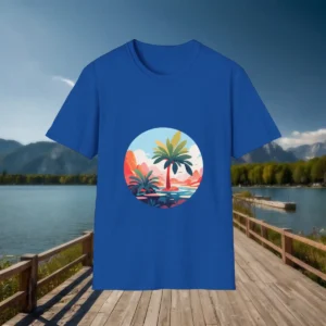 Royal blue t-shirt with a tropical oasis illustration featuring palm trees and a sunset