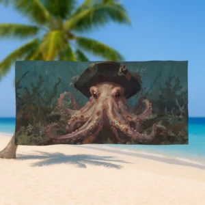 Flat view of a beach towel featuring a detailed octopus design swirling in ocean waves