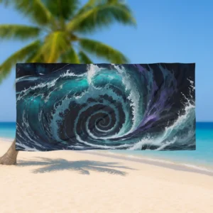 Flat view of a beach towel with a dramatic swirling ocean design held up on a tropical beach