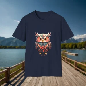 Navy t-shirt with a front-facing owl design featuring vivid orange eyes and layered feathers