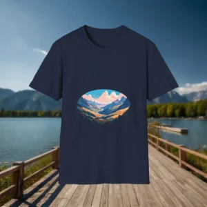 t-shirt with an oval panoramic mountain valley illustration under a blue and pink sky