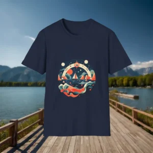 Navy t-shirt with a colorful circular design of a sailboat on waves under stars and planets