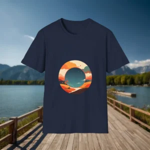 Navy t-shirt with a circular scenic road design featuring mountains, clouds, and a winding path