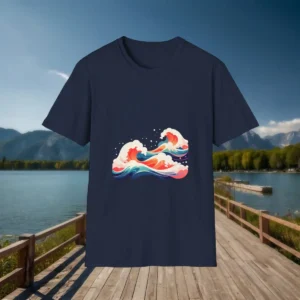 Navy t-shirt with a colorful ocean wave graphic featuring stylized foam and fluid shapes
