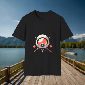 Black t-shirt with a graphic of a round spaceship cockpit in orange, white, and blue