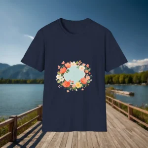 Navy t-shirt with a circular floral wreath design in pastel spring colors