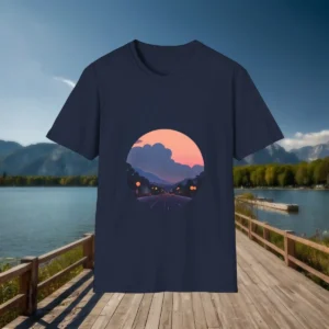 Navy t-shirt with a circular illustration of a street scene at twilight