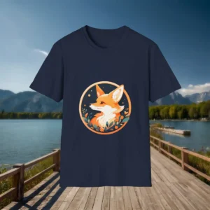 Flatlay of a navy t-shirt with an artistic golden fox and nature-themed circular design