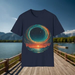 Flatlay of navy t-shirt with circular cosmic sunset design