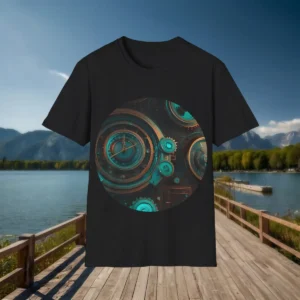 Flatlay of black t-shirt featuring detailed steampunk time machine gear artwork