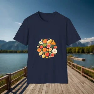 Flatlay of navy t-shirt with round design of tropical fruits in orange, green, and yellow