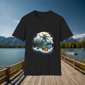 Flatlay of black t-shirt with tropical storm design of ocean waves, palm trees, and clouds