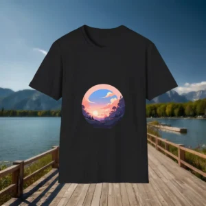 Flatlay of black t-shirt with dreamy sunset landscape design in pink, purple, and blue hues