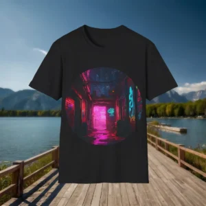 Flatlay of black t-shirt with dark neon alley design in futuristic city setting