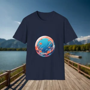 Flatlay of navy t-shirt with underwater panorama showing fish, seaweed, and bubbles in blue and coral colors