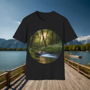 Flatlay of black t-shirt with a scenic forest glade, sunlit trees, and flowing water