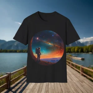 Flatlay of black t-shirt with astronaut viewing a vivid galaxy sky and colorful sunset
