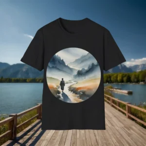 Flatlay of black t-shirt with dreamy watercolor mountain landscape and valley trail