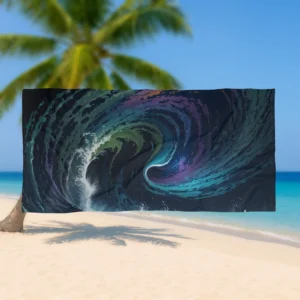 Flat view of a beach towel featuring a bold swirling wave design in blue, green, and purple tones