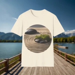 Cream t-shirt flatlay with zen garden design of stones, raked sand, and plants