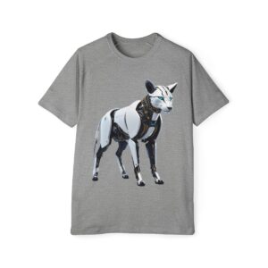 Gray T-shirt displaying a standing futuristic robotic wolf in monochrome tones.