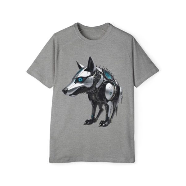 Gray T-shirt featuring a metallic cybernetic wolf with sleek lines and futuristic details.