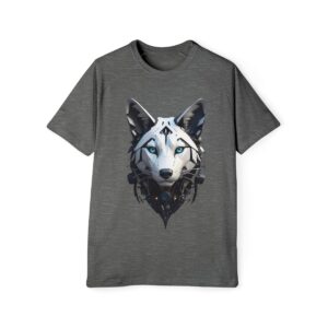 Gray T-shirt featuring a detailed graphic of a white wolf's face