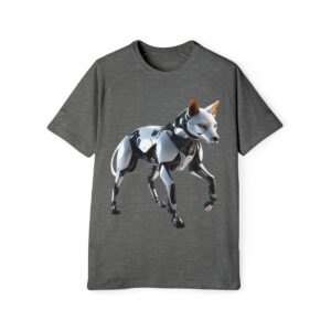 Gray T-shirt with an artistic representation of a futuristic animal composed of metallic and blue accents.