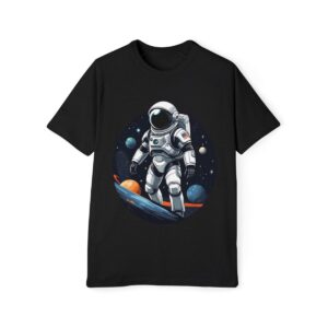 Black T-shirt with astronaut sitting on a planet in space