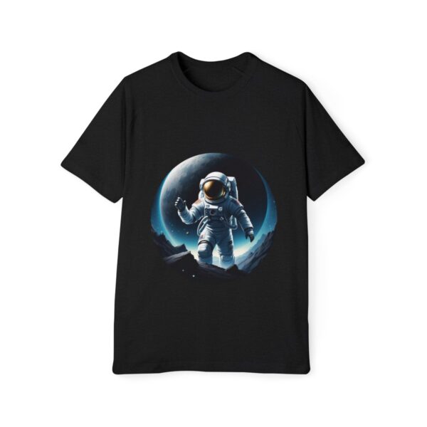 Black T-shirt with an astronaut and blue nebula design